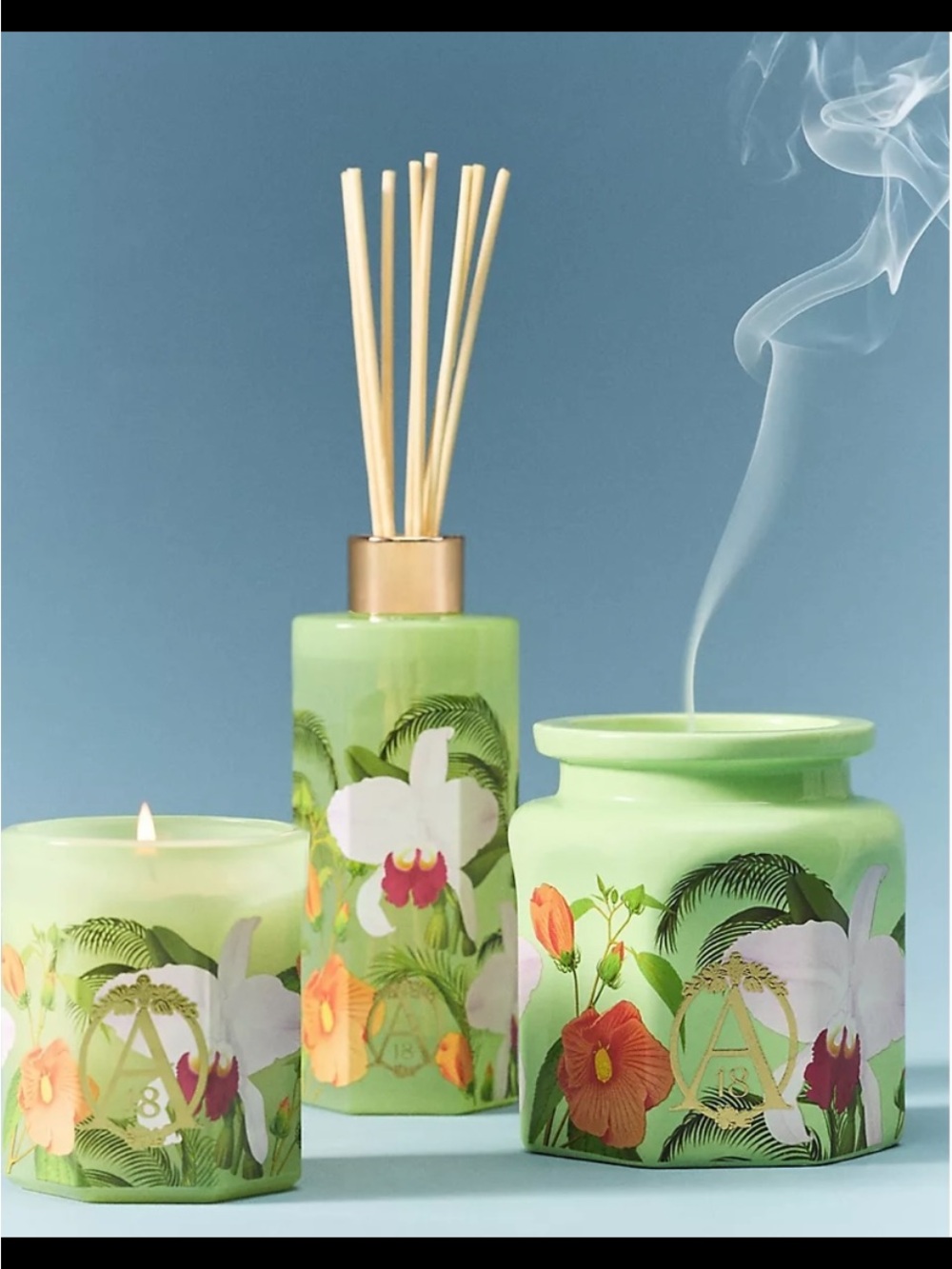 Anthropologie Orchid Amber Oil Diffuser — Green with White & Pink Floral